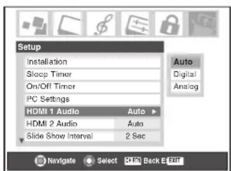 Setup Installation Sloop Timer On/Off Timer PC Settings HDMI 1 Audio Auto HDMI 2 Audio Auto Slide Show Interval 2 Sec Auto Digital Analog Navigate Select CPU Back E-EXT