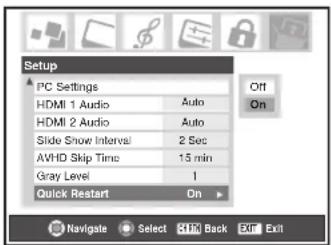 Setup PC Settings HDMI 1 Audio Auto HDMI 2 Audio Auto Slide Snow Interval 2 Sec AVHD Skip Time 15 min Gray Level 1 Quick Restart On Off On Navigate Select Skip Back Exit