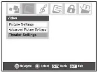 Video Picture Settings Advanced Picture Settings Theater Settings Navigate Select Edit Back Exit Exit