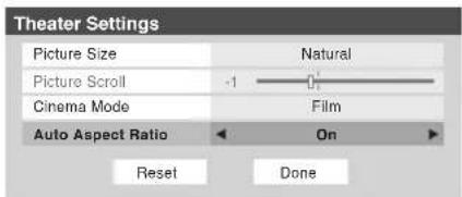Theater Settings Picture Size Natural Picture Scroll -1 0.1 Cinema Mode Film Auto Aspect Ratio On Reset Done