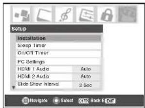 Setup Installation Sleep Timer On/Off Timer PC Settings HDMI 1 Audio Auto HDMI 2 Audio Auto Slide Show Interval 2 sec Navigate Select 3EXT Back E-Export