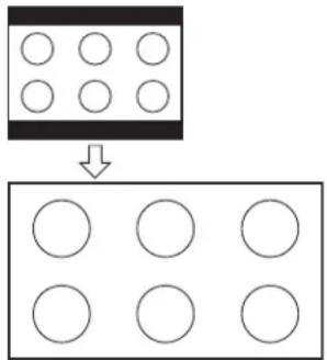 Diagram showing a grid of circles with an arrow pointing to a rectangular grid containing nine circles, likely illustrating a transformation or mapping process.