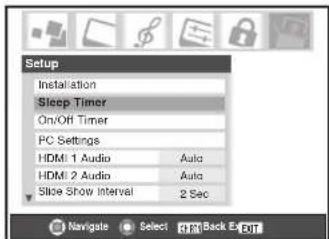 Setup Installation Sleep Timer On/Off Timer PC Settings HDMI 1 Audio Auto HDMI 2 Audio Auto Slice Show Interval 2 Sec Navigate Select Back Exit