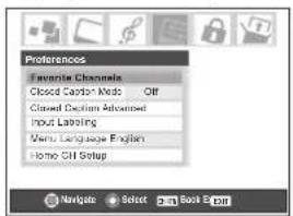 Preferences Favorite Channels Closed Caption Media Off Closed Caption Advanced Input Labeling Menu Language English Home Chat Setup Navigate Select Book Enter