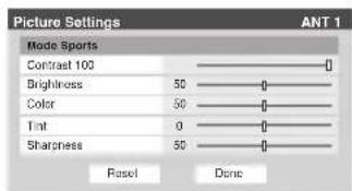 Picture Settings ANT 1 Mode Sports Contrast 100 Brightness 50 Color 50 Tint 0 Sharpness 50 Reset Done