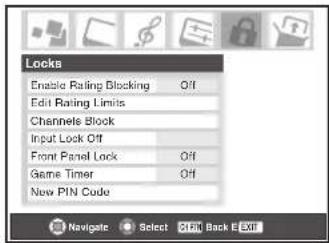 Locks Enable Rating Blocking Off Edit Rating Limits Channels Block Input Lock Off Front Panel Lock Off Game Timer Off New PIN Code Navigate Select Ctrl Back E Exit