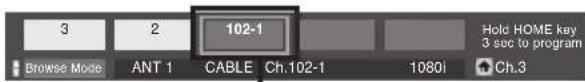 3 2 102-1 Browse Mode ANT 1 CABLE Ch.102-1 1080i Hold HOME key 3 sec to program ↑Ch.3