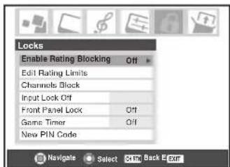 Locks Enable Rating Blocking Off Edit Rating Limits Channels Block Input Lock Off Front Panel Lock Off Game Timer Off New PIN Code Navigate Select Back E Sur