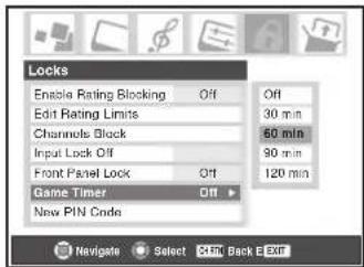 Locks Enable Rating Blocking Off Off Edit Rating Limits 30 min Channels Block 60 min Input Lock Off 90 min Front Panel Lock Off 120 min Game Timer Off New PIN Code Navigate Select Back Exit