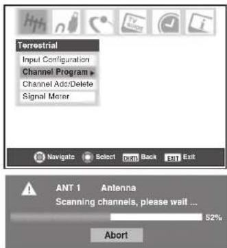 Terrestrial Input Configuration Channel Program Channel Add/Delete Signal Meter Navigate Select OKM Back Exit ANT 1 Antenna Scanning channels, please wait ... 52% Abort