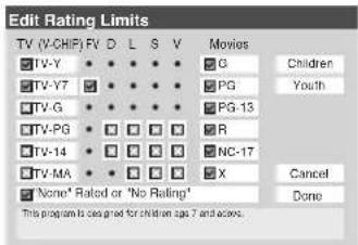 Edit Rating Limits TV (V-CHIP) FV D L S V Movies TV-Y G Children TV-Y7 PG Youth TV-G PG-13 TV-PG R TV-14 NC-17 TV-MA X Cancel None* Rated or 'No Rating' This program is designed for children age 7 and access. Done