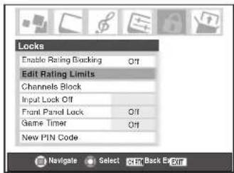 Locks Enable Rating Backing Off Edit Rating Limits Channels Block Input Lock Off Front Panel Lock Off Game Timer Off New PIN Code Navigate Select Exit Back Up