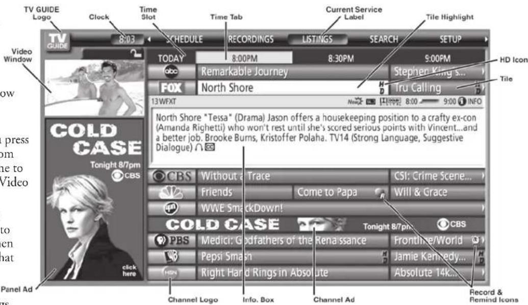 TV GUIDE Logo Clock Time Slot Time Tab Current Service Label Tile Highlight 8:03 SCHEDULE RECORDINGS LISTINGS SEARCH SETUP TODAY 8:00PM 8:30PM 9:00PM abc Remarkable Journey Stephen King s... FOX North Shore Tru Calling 13WFXT 8:00 9:00 INFO HD Icon Tile COLD CASE Tonight 8/7pm CBS North Shore "Tessa" (Drama) Jason offers a housekeeping position to a crafty ex-con (Amanda Righetti) who won't rest until she's scored serious points with Vincent...and a better job, Brooke Burns, Kristoffer Polaha. TV14 (Strong Language, Suggestive Dialogue) 🐎 CBS Without Trace CSI: Crime Scene... Friends Come to Papa Will & Grace WWE SmackDown! COLD CASE Tonight 8/7pm CBS PBS Medici: Goodfathers of the Renaissance Frontline/World Pepsi Smash Jamie Kennedy... Right Hand Rings in Absolute Absolute 14k... Channel Logo Info. Box Channel Ad Record & Remind Icons