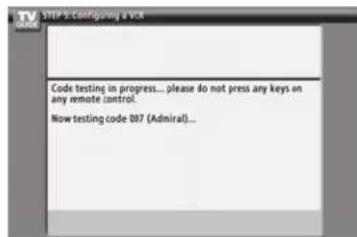 Code testing in progress... please do not press any keys on any remote control. Now testing code 007 (Admiral)...
