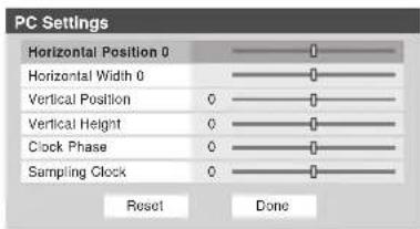 PC Settings Horizontal Position 0 Horizontal Width 0 Vertical Position 0 Vertical Height 0 Clock Phase 0 Sampling Clock 0 Reset Done
