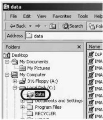 data File Edit View Favorites Tools Help Back Search Fok Address data Folders Desktop My Documents My Pictures My Computer 3½ Floppy (A:) Local Disk (C:) data Documents and Settings Program Files RECYCLER Name DLP IMA IMA IMA IMA IMA IMA IMA IMA IMA IMA