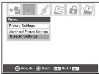 Video Picture Settings Advanced Picture Settings Theater Settings Navigate Select OK Back E-OUT