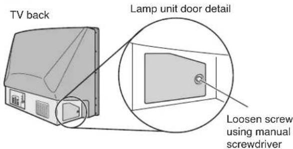 TV back Lamp unit door detail Loosen screw using manual screwdriver