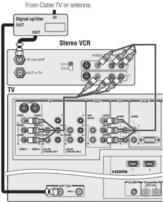 From Cable TV or antenna Signal splitter IN OUT OUT Stereo VCR IN from ANT CH 3 CH 4 VITEO AUDIO L IN OUT R TV VIDEO AUDIO L IN OUT R VITEO AUDIO L IN OUT R VITEO AUDIO L IN OUT R VITEO AUDIO L IN OUT R VITEO AUDIO L IN OUT R VITEO AUDIO L IN OUT R VITEO AUDIO L IN OUT R VITEO AUDIO L IN OUT R VITEO VIDEO L IN OUT R VITEO AUDIO L IN OUT R VITEO AUDIO L IN OUT R VITEO AUDIO L IN OUT R VITEO AUDIO L IN OUT R VITEO AUDIO L IN OUT R VITEO AUDIO L IN OUT R VITEO AUDIO S L 10000000000000000000000000000000000000000000000000000000000000000000000000000000000000000000000000000