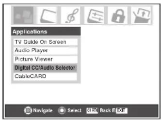 Applications TV Guide On Screen Audio Player Picture Viewer Digital CC/Audio Selector CableCARD Navigate Select Ctrl Back E-Ext
