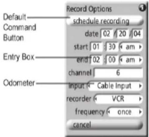 Default Command Button Entry Box Odometer Record Options schedule recording date 02 / 20 /04 start 01 : 30 am end 02 : 00 am channel 6 input Cable Input recorder VCR frequency once cancel