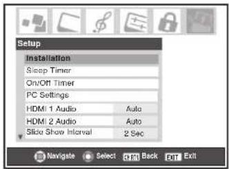 Setup Installation Sleep Timer On/Off Timer PC Settings HDMI 1 Audio Auto HDMI 2 Audio Auto Slide Show Interval 2 Sec Navigate Select Exit Back Exit