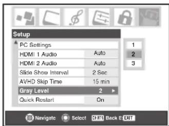 Setup PC Settings HDMI 1 Audio Auto HDMI 2 Audio Auto Slide Show Interval 2 Sac AVHD Skip Time 15 min Gray Level 2 ▶ Quick Reset On Navigate Select CERT Back E EXIT