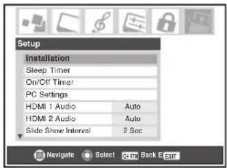 Setup Installation Sleep Timer On/Off Timer PC Settings HDMI 1 Audio Auto HDMI 2 Audio Auto Slide Show Interval 2 Sec Navigate Select Ctrl Back Exit
