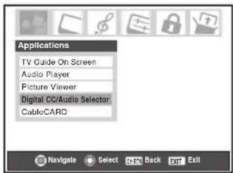 Applications TV Guide On Screen Audio Player Picture Viewer Digital CC/Audio Selector CableCARD Navigate Select Back Exit