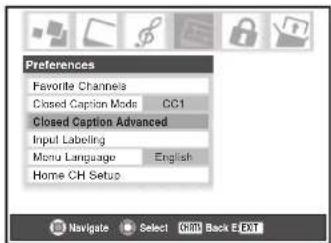 Preferences Favorite Channels Closed Caption Mode CC1 Closed Caption Advanced Input Labeling Menu Language English Home CH Setup Navigate Select Ctrl Back E-Ext