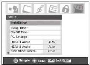 Setup Installation Soap Timer On/Off Timer PC Settings HDMI 1 Audio Auto HDMI 2 Audio Auto Slide Show Interval 2 Bag Navigate Select Edit Back Edit