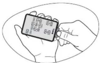 Hand-drawn illustration of a hand holding a smartphone displaying a time display with Chinese numerals.