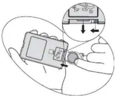 Diagram showing a hand holding a device with an inset close-up highlighting a component, likely illustrating a mechanical or electronic process.