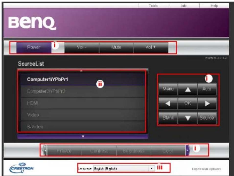 BenQ Power i Vol - Mute Vol + SourceList Computer1/YPbPr1 Computer2/YPbPr2 HDMI Video S-Video i Menu Auto OK Blank Source Freeze Contrast Brightness Color i Language English (English) iii CRESTRON Expansion Options