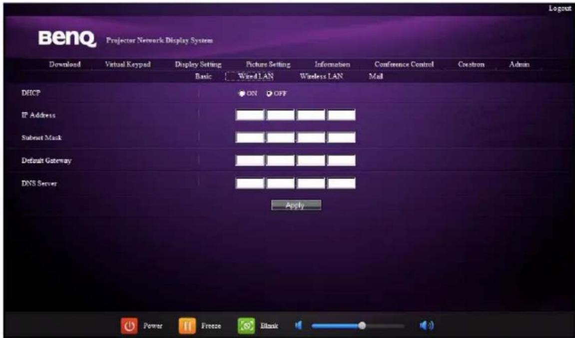 BenQ Projector Network Display System Download Virtual Keypad Display Setting Picture Setting Information Conference Control Crestron Admin Basic Wind LAN Wireless LAN Mail DECP ON OFF IP Address Subset Mask Default Gateway DNS Server Apply