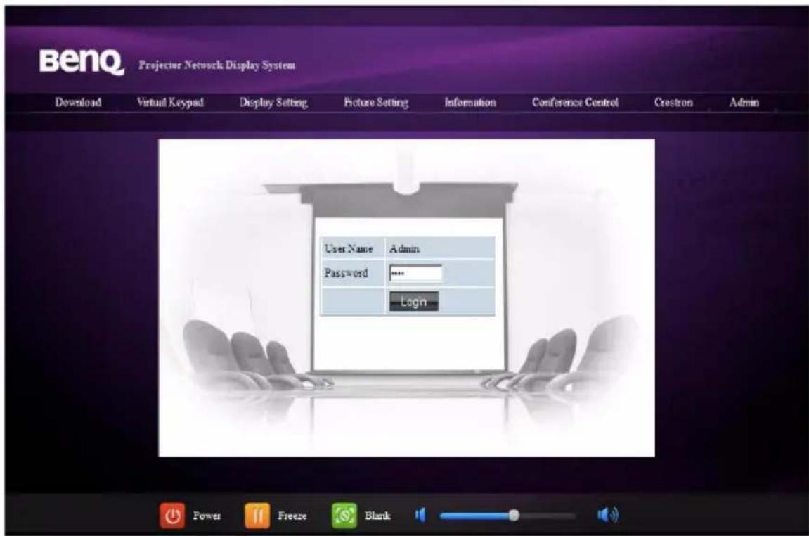 BenQ Projector Network Display System Download Virtual Keypad Display Setting Picture Setting Information Conference Control Crestron Admin User Name Admin Password **** Login Power Freeze Blank