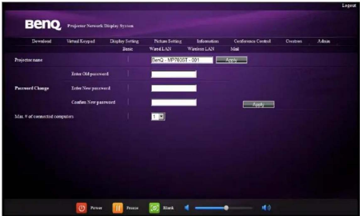 BenQ Projector Network Display System Download Virtual Keypad Display Setting Basic Picture Setting Information Conference Control Crestron Admin Basic Wired LAN Wireless LAN Mail Projector name BenQ - MP780ST - 001 Apply Password Change Enter Old password Enter New password Confirm New password Apply Max. # of connected computers 1