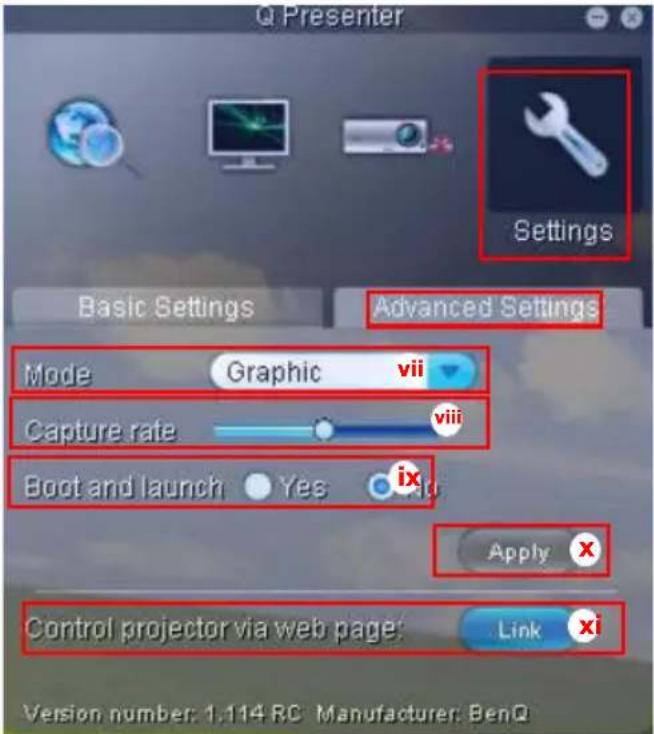 Q Presenter Settings Basic Settings Advanced Settings Mode Graphic vii Capture rate viii Boot and launch Yes ix Apply X Control projector via web page Link xi Version number: 1.114 RC Manufacturer: BenQ