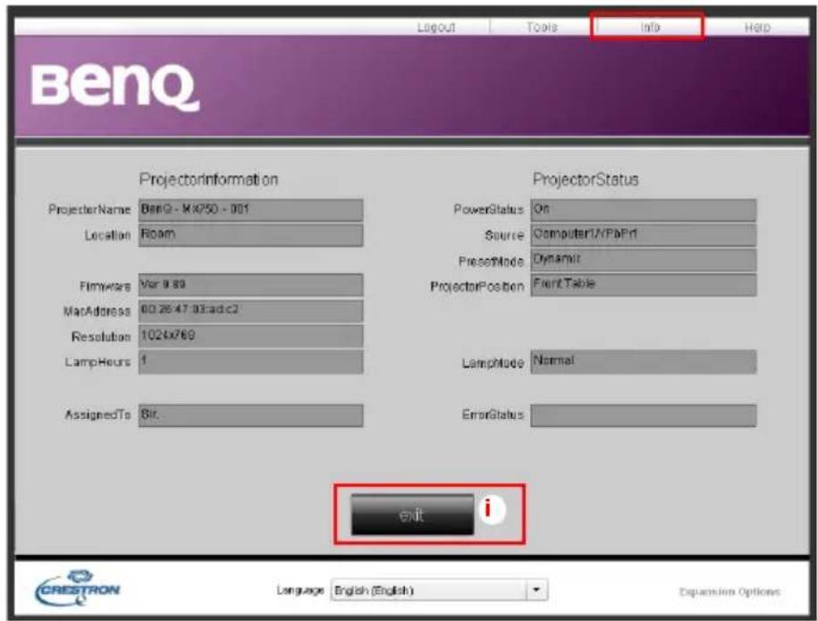BenQ ProjectorInformation ProjectorStatus ProjectorName BenQ - MX750 - 001 Location Room PowerStatus On Source Computer1/XPnPrl PresetMode Dynamit ProjectorPosition FrontTable FirmWears Var 9.89 MacAddress 00.26-47.03-adc2 Resolution 1024x769 LampHours 1 AssignedTo Bit. LampMode Normal ErrorStatus exit i Language English (English) Expansion Options