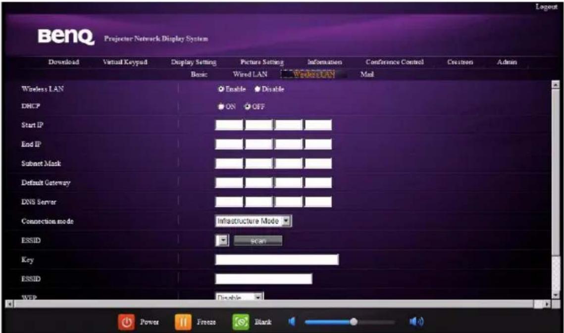 BenQ Projector Network Display System Download Virtual Keypad Display Setting Picture Setting Information Conference Control Crestron Admin Basic Wired LAN Wireless LAN Mail Wireless LAN Enable Disable DHCP ON OFF Start IP End IP Subnet Mask Default Gateway DNS Server Connection mode Infrastructure Mode ESSID SCAN Key ESSID WEP Disable