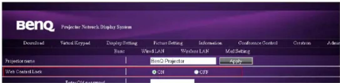 BenQ Projector Network Display System Download Virtual Keypad Display Setting Fixture Setting Information Conference Control Crestron Admin Basic Wired LAN Wireless LAN Med Setting Projector name BenQ Projector Apply Web Control Lock ● ON ● OFF Total Grid proxy