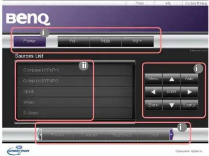 BenQ Power Vol - Multi Vol + Sources List Computer1/XPptP1 Computer2/XPptP2 HCM Video S-Video Menu Auto Enter Blank Source Preview Control Significance Click i i CREDITRON Expansion Options
