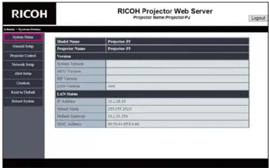 RICOH PJ WXL5670 - System Status - 2