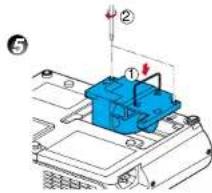 Technical diagram showing a blue component mounted on a mechanical housing with numbered callouts and directional arrows indicating assembly or operation.