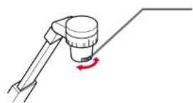 Diagram of a mechanical tool with a rotating arm and handle, showing motion direction (no text or symbols)