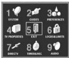 1 SYSTEM 2 GUIDES 3 PREFERENCES 4 TV PROPERTIES 5 EXIT 6 LOCKS&LIMITS 7 DIRECTV 8 TIMER&REC 9 AUDIO