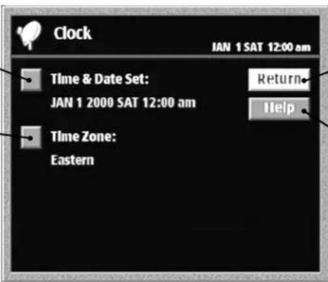 Clock JAN 1 SAT 12:00 am Time & Date Set: Return JAN 1 2000 SAT 12:00 am Time Zone: Eastern