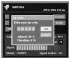 Antenna APR 17 MOB 6:10 pm Zip Code Enter your dip code. OK Address: N/A Accepted Adiength: N/A Elevation: N/A Signal: Status: LOCKED Signal Seeker: On