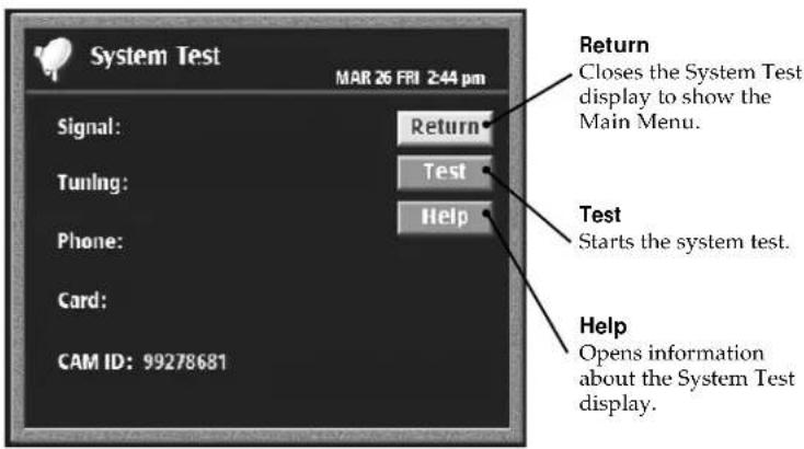 System Test MAR 26 FRI 2:44 pm Signal: Return Tuning: Test Phone: Help Card: CAM ID: 99278681 Return Closes the System Test display to show the Main Menu. Test Starts the system test. Help Opens information about the System Test display.