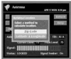 Antenna Arianna Location Select a method to calculate location. Zip Code Latitude: A Longitude Tilt: N/A Signal: Status: LOCKED Signal Subnet: On API 17 MON 0:00 pm Return Help